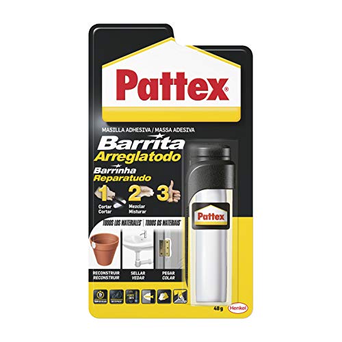 Pattex Barrita Arreglatodo Masilla bicomponente extrafuerte, pasta moldeable para pegar y reparar, resina epoxi barnizable y lijable para múltiples materiales, tubo 48 g Pattex Barrita Arreglatodo Masilla bicomponente extrafuerte, pasta moldeable para pegar y reparar, resina epoxi barnizable y lijable para múltiples materiales, tubo 48 g