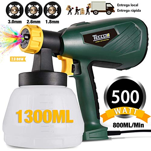 Pistola de Pintura 500W, TECCPO Pistola de Pulverizacion Pintura Eléctrica, 800ml/Min, 3 Modos de Pintura, con 3 Boquillas de Metal y Tanque Pistola de Pintura 500W, TECCPO Pistola de Pulverizacion Pintura Eléctrica, 800ml/Min, 3 Modos de Pintura, con 3 Boquillas de Metal y Tanque