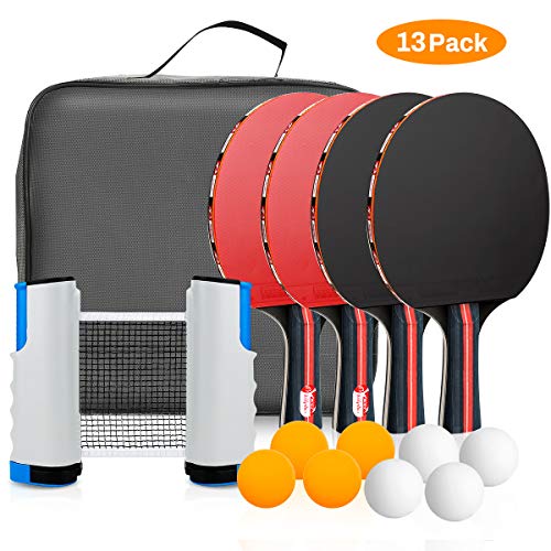 Powcan Conjunto de Tenis de Mesa con Red, 4 Raquetas + 8 Bolas/Pelotas de Tenis de Mesa + 1 Red Retráctil, Juego de Tenis de Mesa Portátil para Interior al Aire Libre