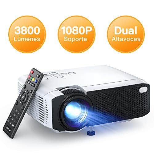 Proyector, APEMAN Mini Proyector Portátil en Casa, Soporte HD 1080P, 3800 Lúmenes, Pantalla Grande, Altavoces Duales, 50000 Horas Vida, Compatible con TV Stick, PS4 (Cable HDMI / RCA Incluido)