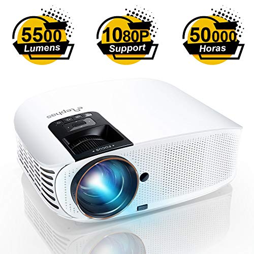 Proyector ELEPHAS, Proyector de video HD de 5500 lúmenes Proyector de cine LCD para cine en casa de 200 '' Full HD 1080p HDMI VGA Av USB Ideal para entretenimiento en el hogar Juegos de fiesta, Blanco