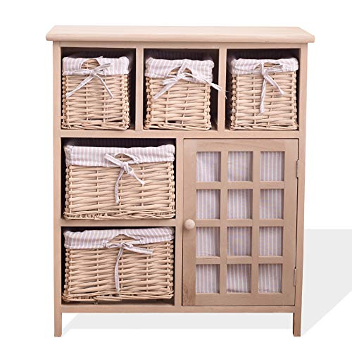 Rebecca Mobili Aparador Multiusos Ahorra Espacio, cómoda con 1 Puerta, 5 cestas de Mimbre, paulonia, Beige, Estilo Country, Muebles baño Cocina - Medidas: 73x62x32 cm (AxANxF) - Art. RE4444