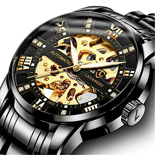 Relojes, Relojes Hombre Negro Mecánico Automático Esqueleto de Estilo Clásico Impermeable Reloj de Los Hombres con Correa de Acero Inoxidable