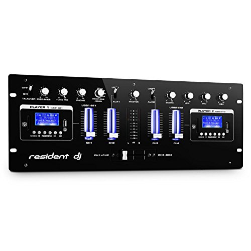 resident dj DJ405USB mesa de mezclas de 4 canales (dos interfaces Bluetooth, USB, SD, AUX, grabadora, mezclador DJ, multi-conexión, control retroiluminado, ecualizador 2 bandas, apto rack) - negro