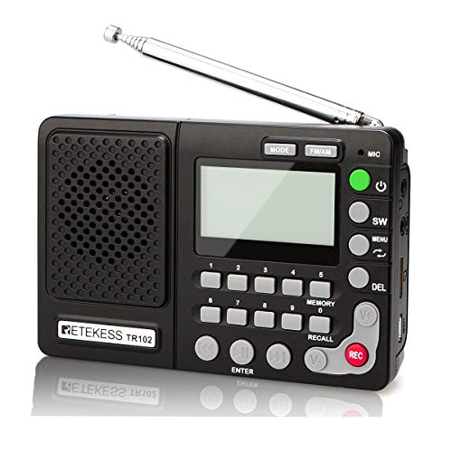 Retekess TR102 Radio Portátil FM/Am/SW Banda Mundial Receptor Reproductor de MP3 Grabador Rec con Temporizador de Apagado (Negro)