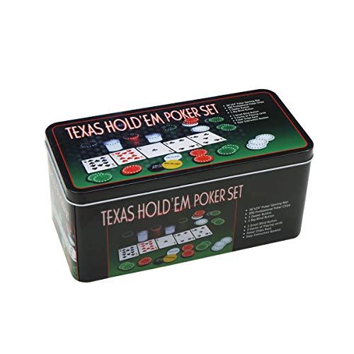 Set de póker caja de metal, 200 fichas de póker, 2 cubiertas, botón de repartidor, ciega pequeña, gran ciega, tapete de juego Set de póker caja de metal, 200 fichas de póker, 2 cubiertas, botón de repartidor, ciega pequeña, gran ciega, tapete de juego