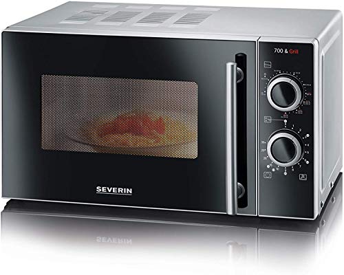 SEVERIN Microondas 2 en 1 , con Función Grill, Incl. Rejilla de Grill y Plato Giratorio (Ø 24,5cm), 700 W, MW 7875, Plateado/Negro