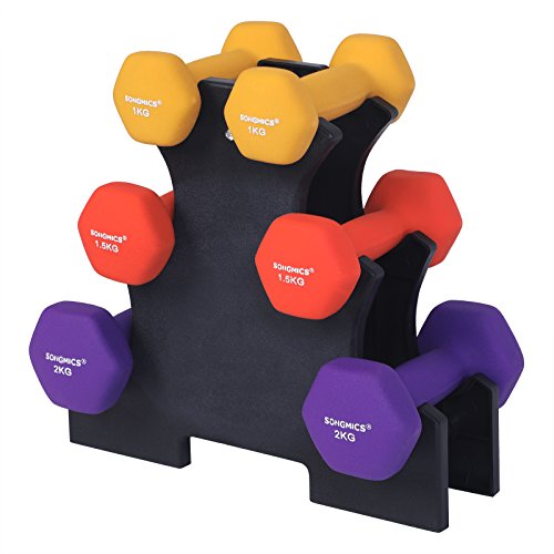 SONGMICS Juego de 6 Mancuernas, 3 Pares de 1
kg, 1,5 kg y 2 kg, con Soporte, Varios Pesos y Colores para
Gimnasio y Entrenamiento en Casa, Resistentes al Sudor y a
la Humedad, Mate SYL69BK