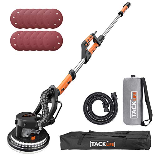 TACKLIFE Lijadora de Pared, Lijadora de Techo 800W Mango Telescópico 1,6M- 1,9M, Sistema de Autolimpieza, 550-1900RPM, Base de Lijado Desmontable, Cable de 4,5M, 12PCS Lijas (P120 y P320) PDS03A