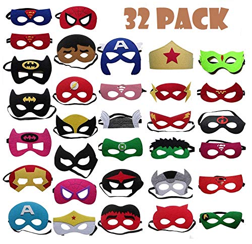 TATAFUN Máscaras de Superhéroe,Suministros de Fiesta de Superhéroes, Máscaras de Cosplay de Superhéroe con Cuerda Elástica Máscaras de Ojos para Niños Mayores de 3 años 32 Piezas