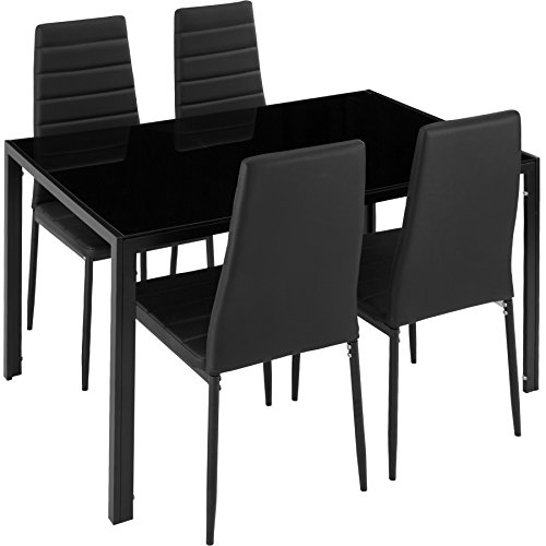 TecTake Conjunto de Mesa y 4 sillas de Comedor | Alto Grado de Confort | Tablero de la Mesa Robusto, de Vidrio Templado de Seguridad (Negro | No. 402837)