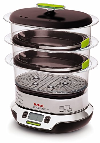 Tefal Vitacuisine Compact VS400333 - Vaporera compacta 1800 W, con 3 pisos para cocción simultánea, 2 cestos, capacidad de 9 L, libro de cocina incluído