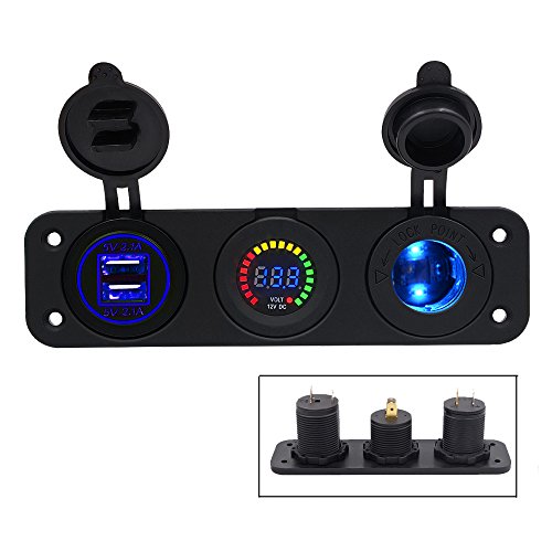 TurnRaise 2.1A 2 Puertos USB Cargador + Color LED Voltímetro Digital + 12V/24V Encendedor Enchufe 3 Agujeros Panel para Coche Moto Barco (3 en 1)