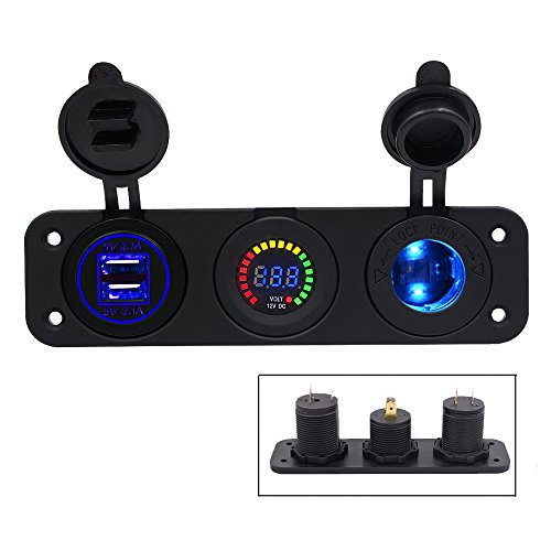 TurnRaise 2.1A 2 Puertos USB Cargador + Color LED Voltímetro Digital + 12V/24V Encendedor Enchufe 3 Agujeros Panel para Coche Moto Barco (3 en 1) TurnRaise 2.1A 2 Puertos USB Cargador + Color LED Voltímetro Digital + 12V/24V Encendedor Enchufe 3 Agujeros Panel para Coche Moto Barco (3 en 1)