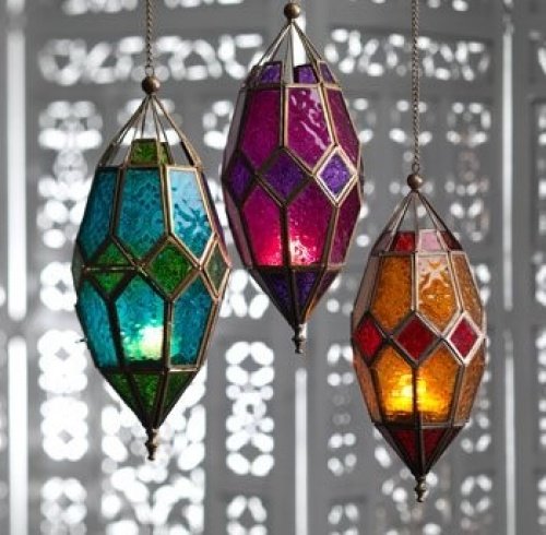 (Turquoise & Green) - Moroccan style large hanging glass lantern (Turquoise & Green)