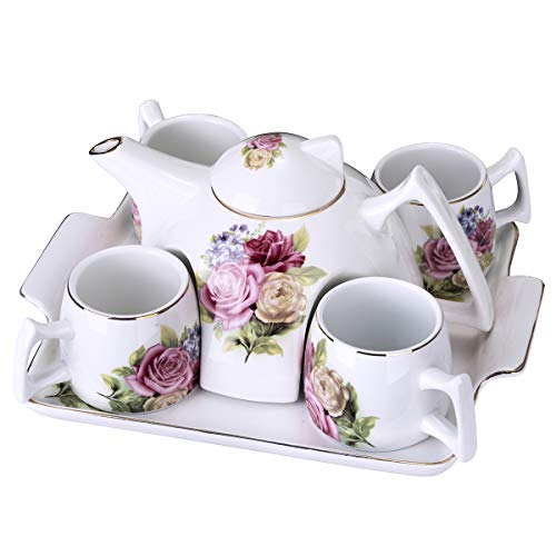 ufengke Flor Juego de Te Porcelana,1 Tetera Grande,4 Tazas de Café con Bandeja,Juego de Cafe Porcelana