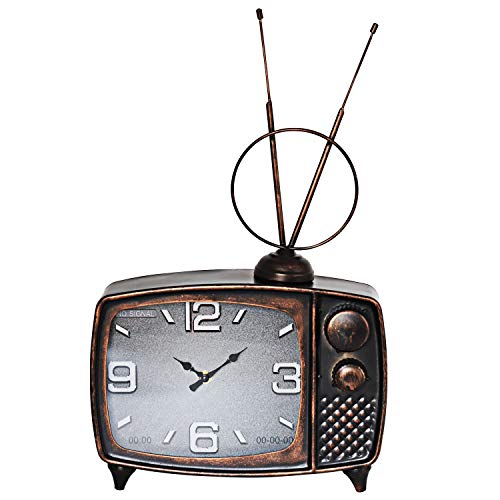 ufengke Reloj de Mesa Bronce Decorativo Vintage 3D Reloj Quartz Diseño TV de Metal con Pantalla Analógica 49 * 30 * 8 cm