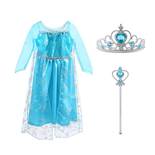 Vicloon - Disfraz de Princesa Elsa - Reino de Hielo - Vestido de Cosplay de Carnaval, Halloween y la Fiesta de Cumpleaños - 3pcs 110 (Para 3-4 Años)