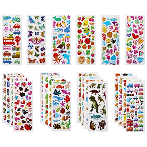 Vicloon Pegatinas para Niños 500+ 3D Puffy Pegatinas, 22 Hojas Variedad de Pegatinas para Regalos Gratificantes Scrapbooking Que Incluye Animales, Peces, Dinosaurios, Números, Frutas, Aviones y Más