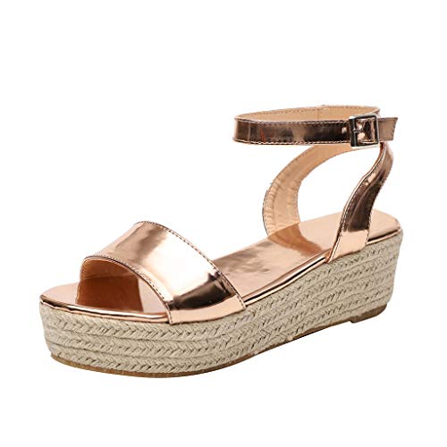 Zapatos Mujer Verano 2019 Sandalias de Cuña con Plataforma - - Tejer Paja con Tacon Alto 5 cm - Talla 35-43 - Elegante Romanos Estilo para Playa Fiesta Boda