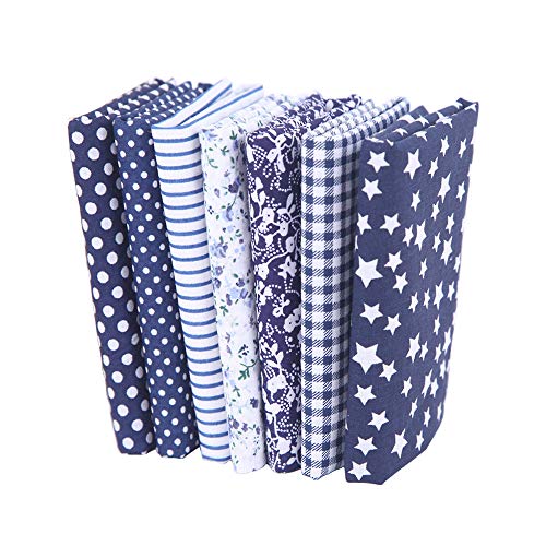 7 piezas de telas de algodón paquete de tela 50x50cm para patchwork costura DIY Sin diseño repetido flores impresas (azul)