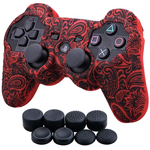 9CDeer 1 Pieza de Siliconas Transferencia de Agua Protector Manga Caso Cubierta Piel Cover Skin + 8 Puños de Pulgar Tapas Analógicas Thumb Grip para Mando PS3 Hojas rojas