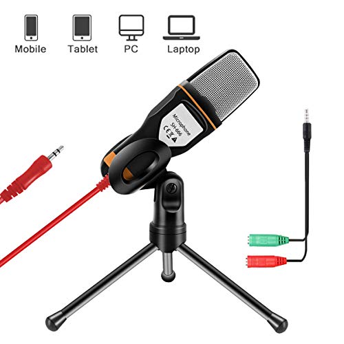 AOBETAK Microfono con Soporte para PC y iPhone, Profesional Micrófono Condensador de 3,5 mm Jack con Cable Divisor de 3,5 mm, para Loptop iPad Mac Singing YouTube Skype,PS4, Karaoke, Negro