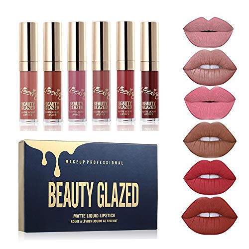 Beauty Glazed - Juego de pintalabios líquido mate 6 colores, resistente al agua, de larga duración, antiadherente, pigmentos intensos, sin crueldad vegana Beauty Glazed - Juego de pintalabios líquido mate 6 colores, resistente al agua, de larga duración, antiadherente, pigmentos intensos, sin crueldad vegana