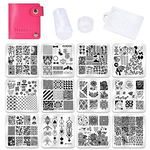 Biutee Set de Stamping Nail Art 12 Pcs Plantillas para Uñas +1pcs Estampador+1pcs Raspador +1 Pcs Bolso Para Placa Biutee Set de Stamping Nail Art 12 Pcs Plantillas para Uñas +1pcs Estampador+1pcs Raspador +1 Pcs Bolso Para Placa