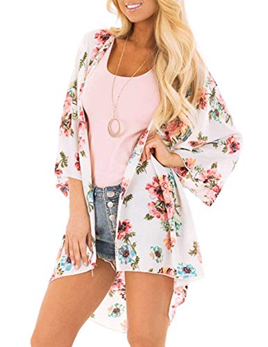 Blusa Larga Tops Blusa Estampado de Flores Abrigo Frontal Kimono Abrigos Chaquetas Blanco M