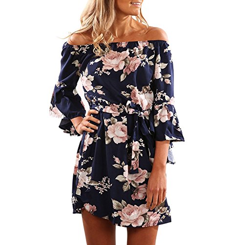 CLOCOLOR vestido corto para mujer 3/4 mangas con volantes mini falda hombros descubiertos estampado de flores vestido vintage casual para playa de moda, Azul, X-Large CLOCOLOR vestido corto para mujer 3/4 mangas con volantes mini falda hombros descubiertos estampado de flores vestido vintage casual para playa de moda, Azul, X-Large