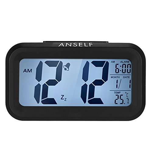 Despertador digital LED Anself con función repetición, sensor de luz, luz de fondo, indicación de hora, fecha y temperatura, plástico, negro, 4,5 cm l x 13,5 cm w x 7,8 cm h