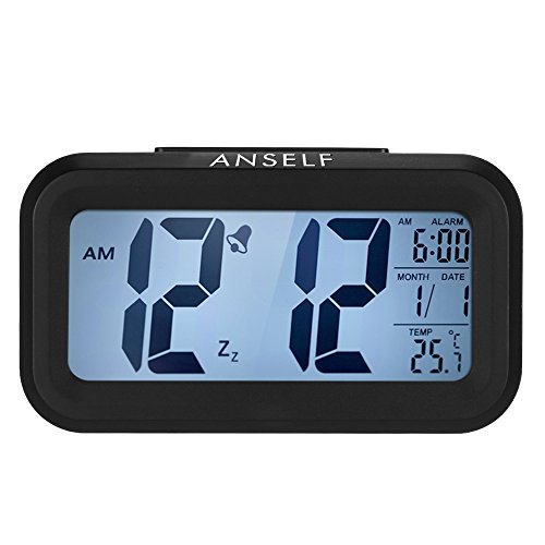 Despertador digital LED Anself con función repetición, sensor de luz, luz de fondo, indicación de hora, fecha y temperatura, plástico, negro, 4,5 cm l x 13,5 cm w x 7,8 cm h Despertador digital LED Anself con función repetición, sensor de luz, luz de fondo, indicación de hora, fecha y temperatura, plástico, negro, 4,5 cm l x 13,5 cm w x 7,8 cm h
