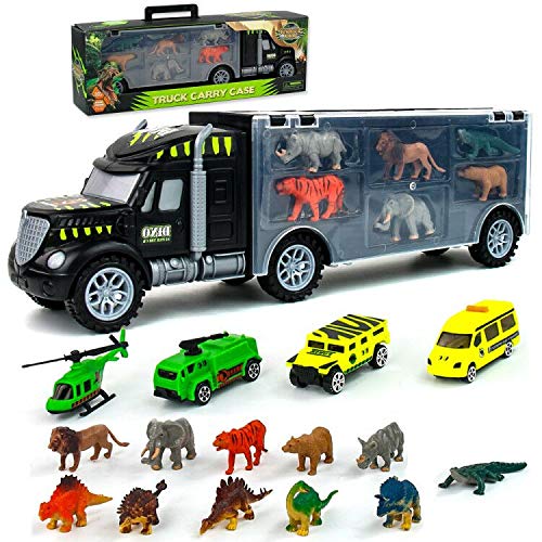 Dinosaurios Juguete Camion Transportador de Coches con 16 Figuras de Juguete Dinosaurios Animales Helicóptero Juegos Juguetes Educativo para Niños Niñas 3 4 5 6 Años Cumpleaños