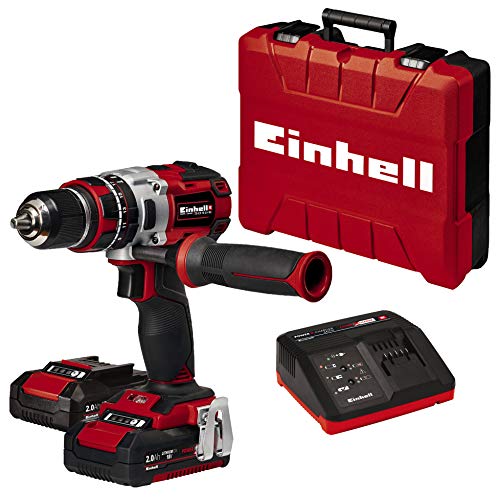 Einhell TE-CD 18 Li-i BL Power-X-Change - Taladro percutor inalámbrico 18V con 2 baterías (2Ah), cargador y maletín, sin escobillas, 2 velocidades, 60 Nm, luz LED