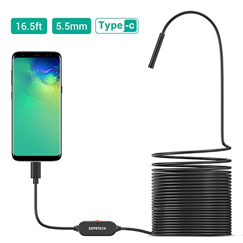 Endoscopio USB, DEPSTECH Cámara de inspección ultrafina de 5,5 mm mejorada Boroscopio de cámara de serpiente resistente al agua semi rígido con 6 luces LED ajustables y USB Adpater-16.5ft