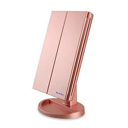 Espejo Maquillaje con Luz,WEILY Triple Espejo Plegable Lámpara LED 180 Grado de Rotación Coméstico con Mostrador, Regalos Originales para Mujer (Oro) Espejo Maquillaje con Luz,WEILY Triple Espejo Plegable Lámpara LED 180 Grado de Rotación Coméstico con Mostrador, Regalos Originales para Mujer (Oro)