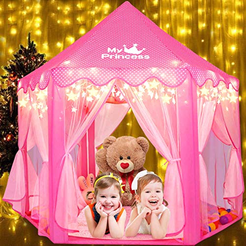 Fivejoy Tienda de Princesa, Princesa Interior Tiendas, Castillo Princesas, Juego de Castillo Princesa para Niñas con Support de PVC, 2 Modos de Luces de Estrellas, 140 x 135 x 140 CM (DxHxW) - Rosa