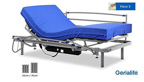 Gerialife® Cama articulada eléctrica con colchón Sanitario viscoelástico y barandillas | Patas más Altas (90x190, Plateado) Gerialife® Cama articulada eléctrica con colchón Sanitario viscoelástico y barandillas | Patas más Altas (90x190, Plateado)