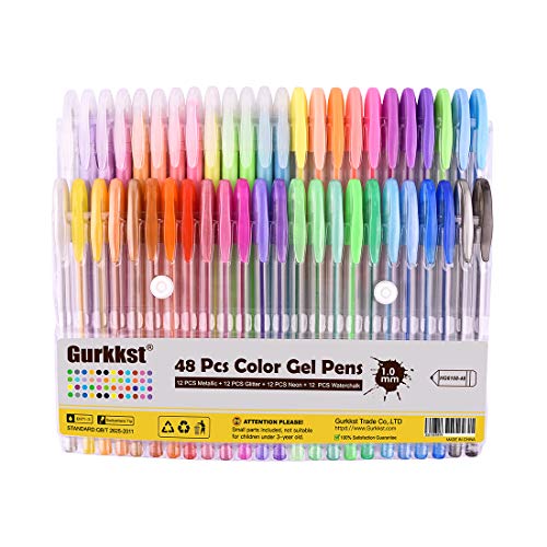 Gurkkst 48 Set Boligrafos Gel Colores Bolígrafos de Gel para Scrapbooking, Colorear, Dibujar y Artesanal (12 Metálico + 12 Glitter + 12 Neón + 12 Clásicos)