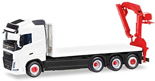 Herpa G 013154 Volvo FH GL. - Coche teledirigido Camión Plano de 4 Ejes con grúa de Carga, Miniatura para Manualidades, coleccionar y como Regalo, Color Blanco