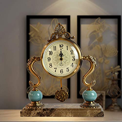 HLDBW Reloj de Mesa Retro silencioso del Reloj de Tabla Sala de Estar Estudio Bar Relojes Decoración de Hierro Forjado de Efecto Antiguo Oro Ronda Relojes Vintage Base de mármol (Color : Bronze)