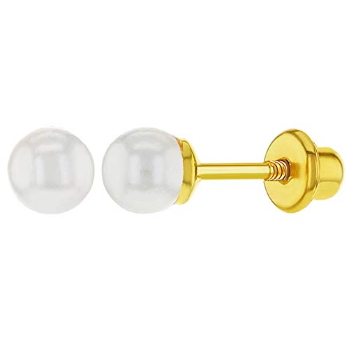 In Season Jewelry - Chapado en Oro 18k Perlas de Imitación Blancas Aretes con Cierre de Rosca para Niñas 4mm