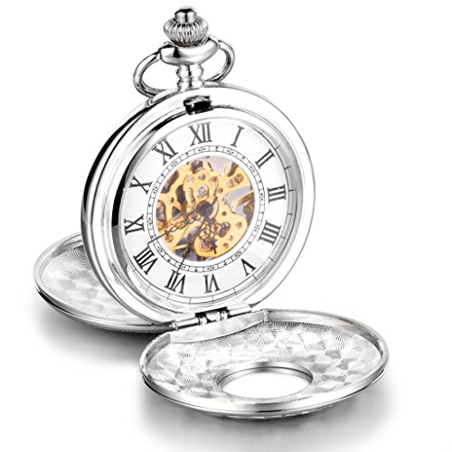 Infinite U Esqueleto Números Romanos Acero Grande Dobles Tapas Reloj de Bolsillo Mecánico Collar Plateado Infinite U Esqueleto Números Romanos Acero Grande Dobles Tapas Reloj de Bolsillo Mecánico Collar Plateado