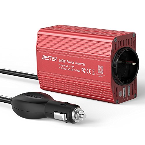 Inversor De Corriente 300W para Coche, BESTEK Transformador De 12v A 220v, Inversor con 1 Toma Enchufe Y 2 Puertos USB De 3,1 para iPhone, iPad Y Tableta