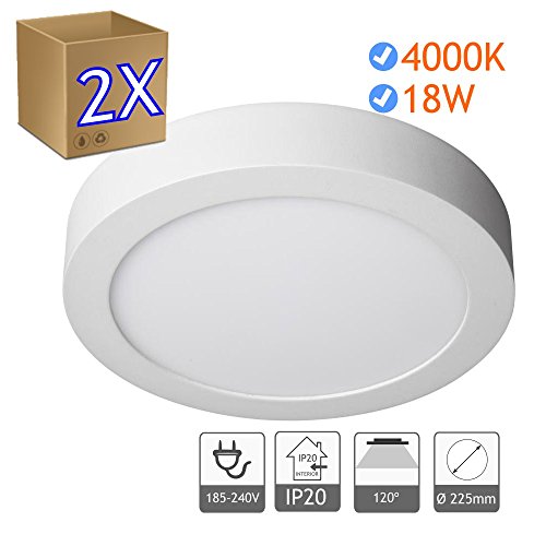 JANDEI - 2x Downlight LED 18W Redondo De Superficie Luz Blanca Neutra 4000K, Aluminio Aro Blanco Mate