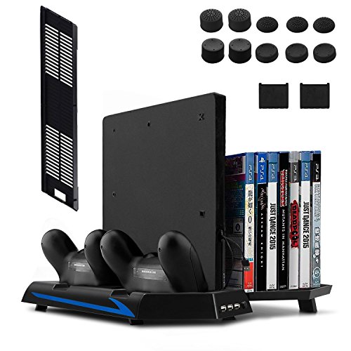 Keten PS4 Slim / PS4 Soporte Vertical con Ventilador 2 en 1, Puerto de carga, Almacenamiento para Juegos y Puerto con 3 Espacios para USB - An área Todo en Uno para Sus Necesidades de Juego