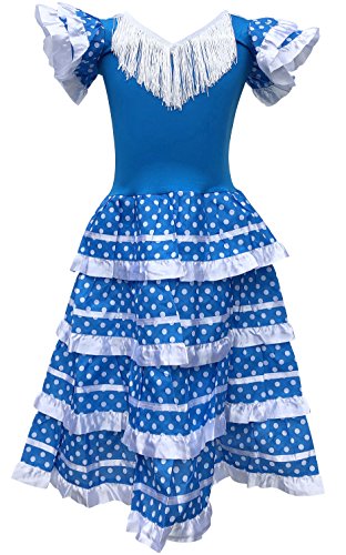 La Senorita Vestido Flamenco Español Traje de Flamenca Chica/niños Azul Blanco (Talla 4, 92-98 - 65 cm, 3/4 años, Azul)