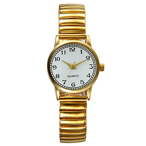 Lancardo Reloj Analógico de Movimiento Cuarzo Original Dial con Grandes Números Árabes Pulsera Electrónica de Moda con Correa Elástica para Mujer Dama Chica (Oro)