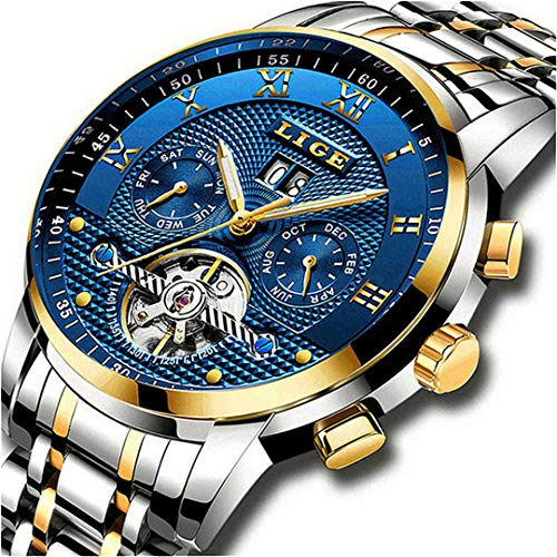 LIGE Relojes Hombre Moda Acero Inoxidable Impermeables Mecánico Automático Reloj Hombre Lujoso Comercio Cronógrafo Calendario Militar Deportivo Luminoso Casual con Números Romanos Dial